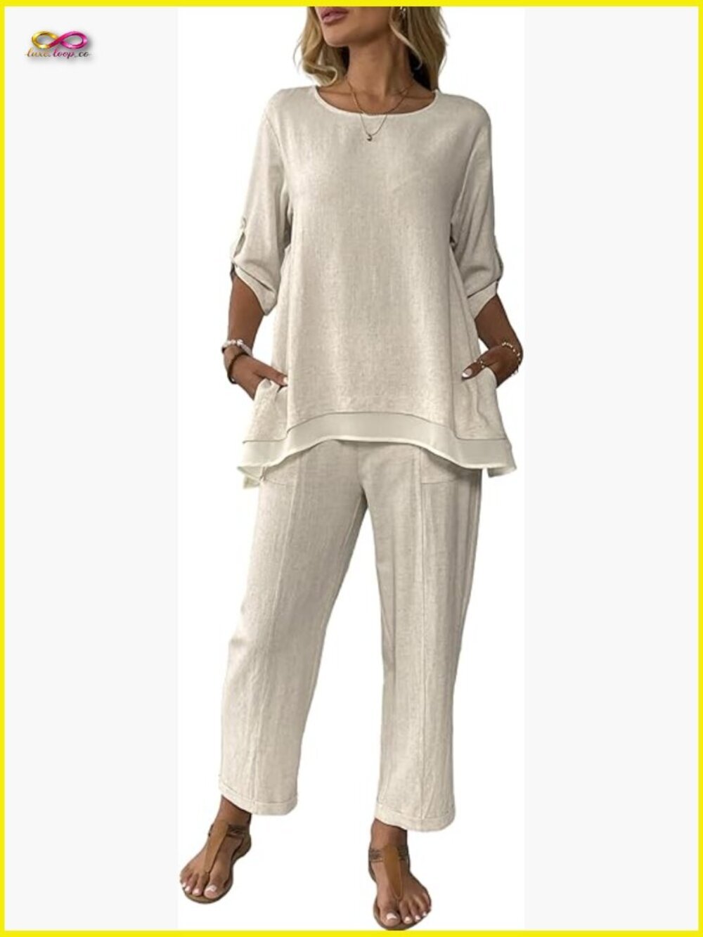 Linen Pant Set 2 Piece Outfit Rolled Sleeve Top Wide Leg Pants Summer Chic